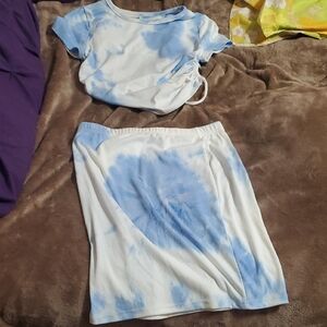 Blue and White Tie-Dye Top and Skirt Set